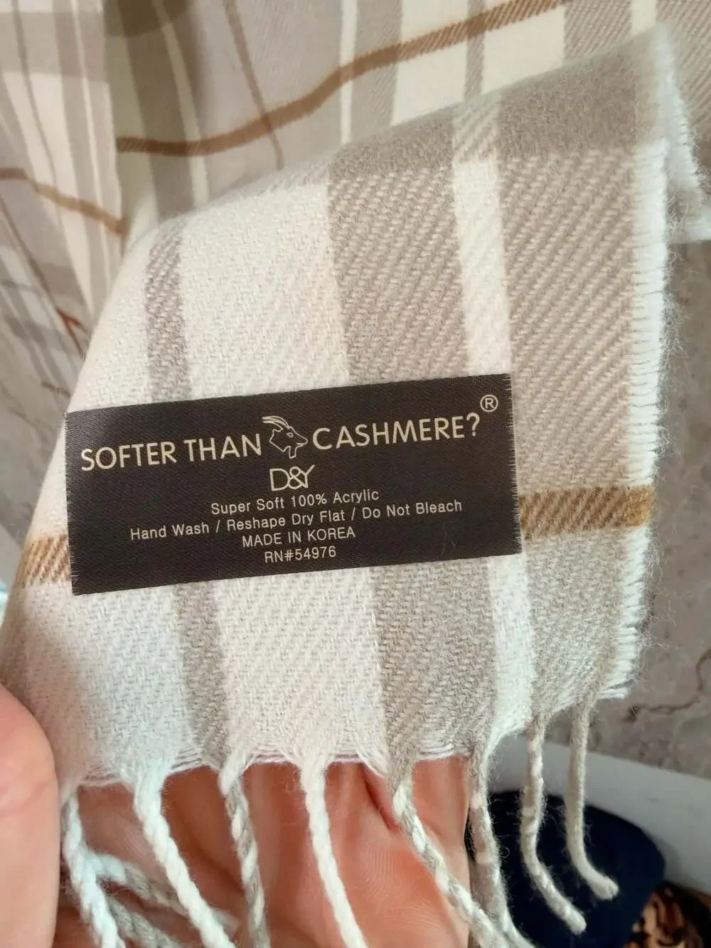 D&Y Softer Than Cashmere Tan White Plaid Fringe Scarf Embroidered Letter B